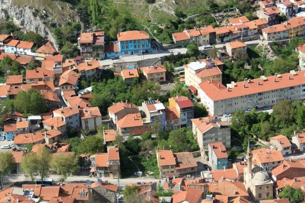 a group of houses in a town
