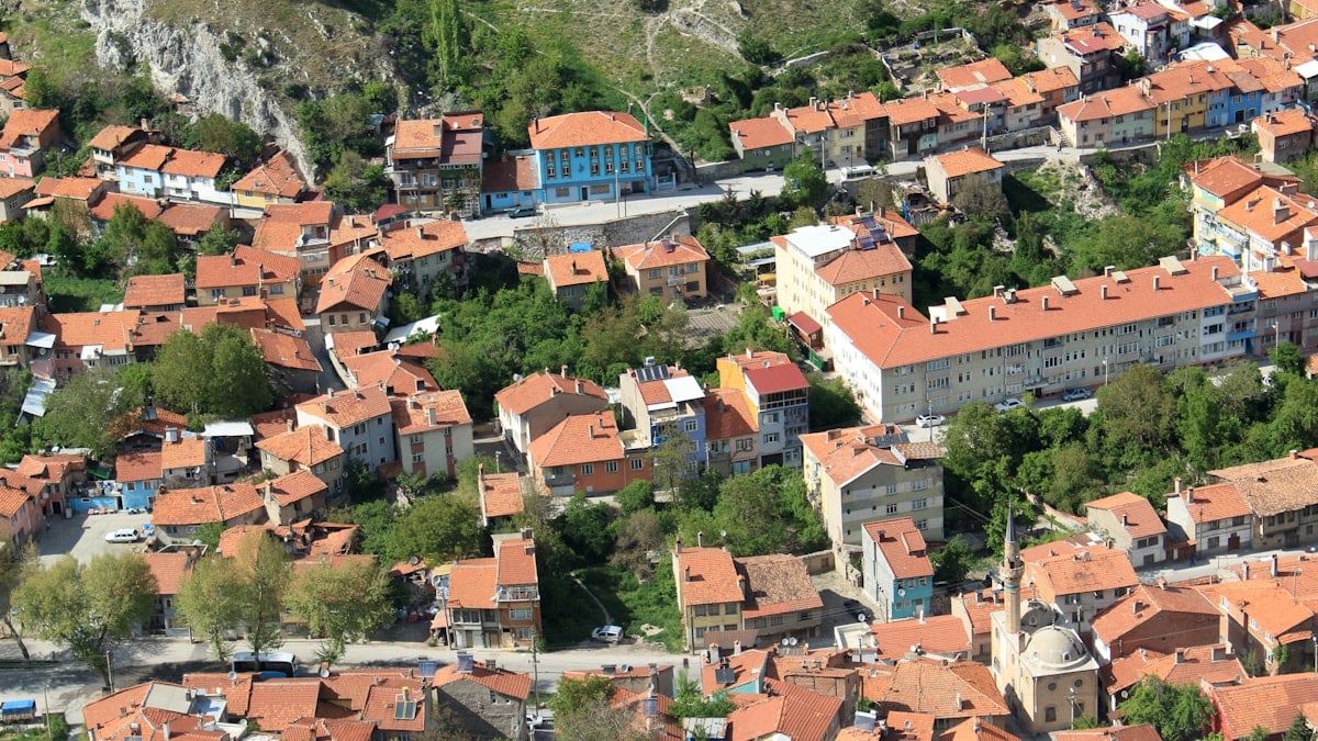 a group of houses in a town